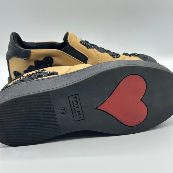 TWIN-SET SIMONA BARBIERI Satin Beaded Slip On Sneakers Tan Black Sz 36/US 6 $395 - Picture 6 of 7